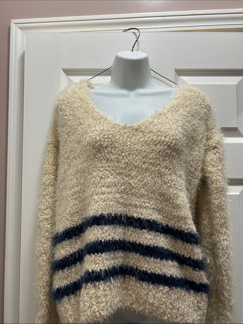 MINKPINK Cream V-Neck Sweater with Navy Stripe Bands
